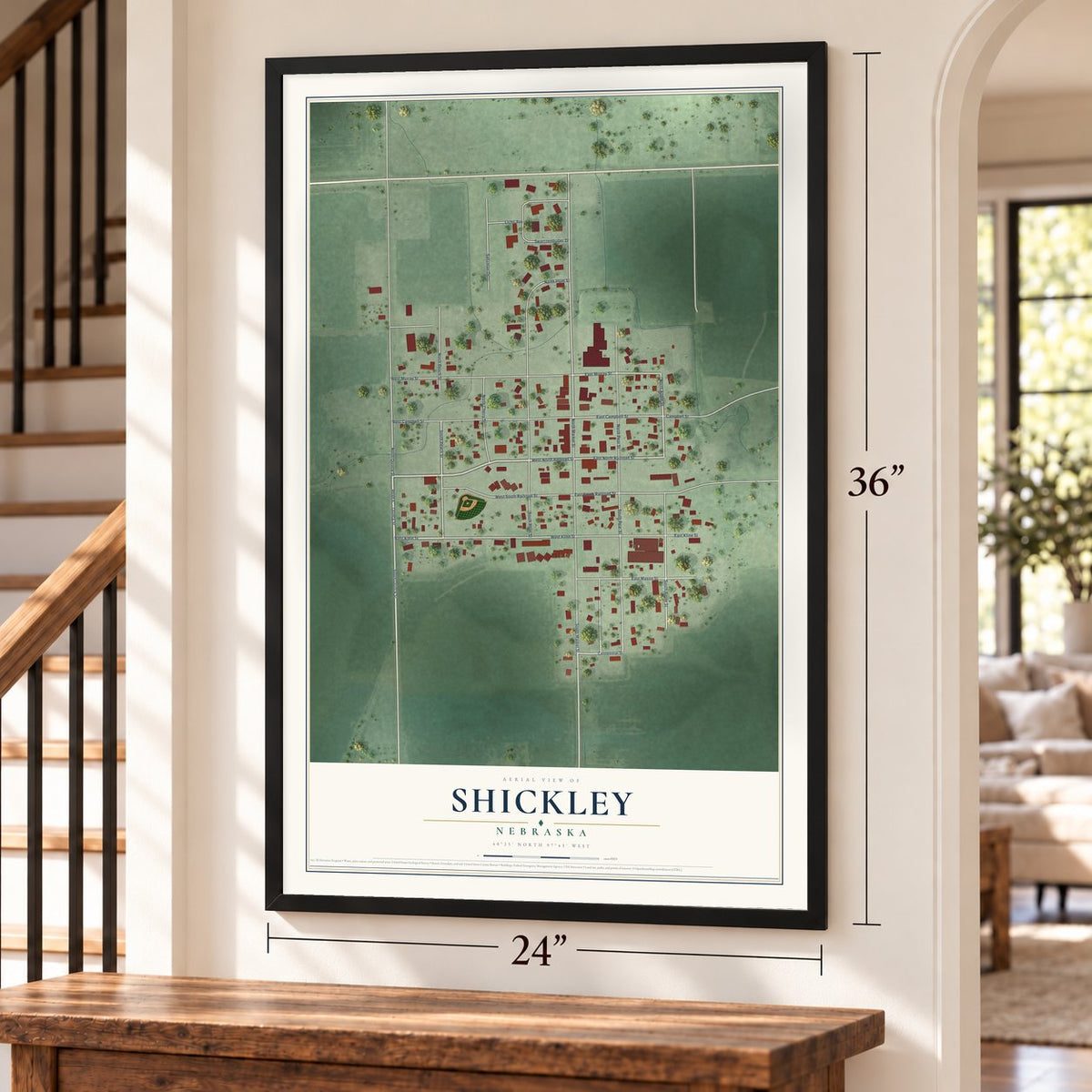 Shickley, Nebraska map, 24 x 36 inch print in a black frame by a staircase