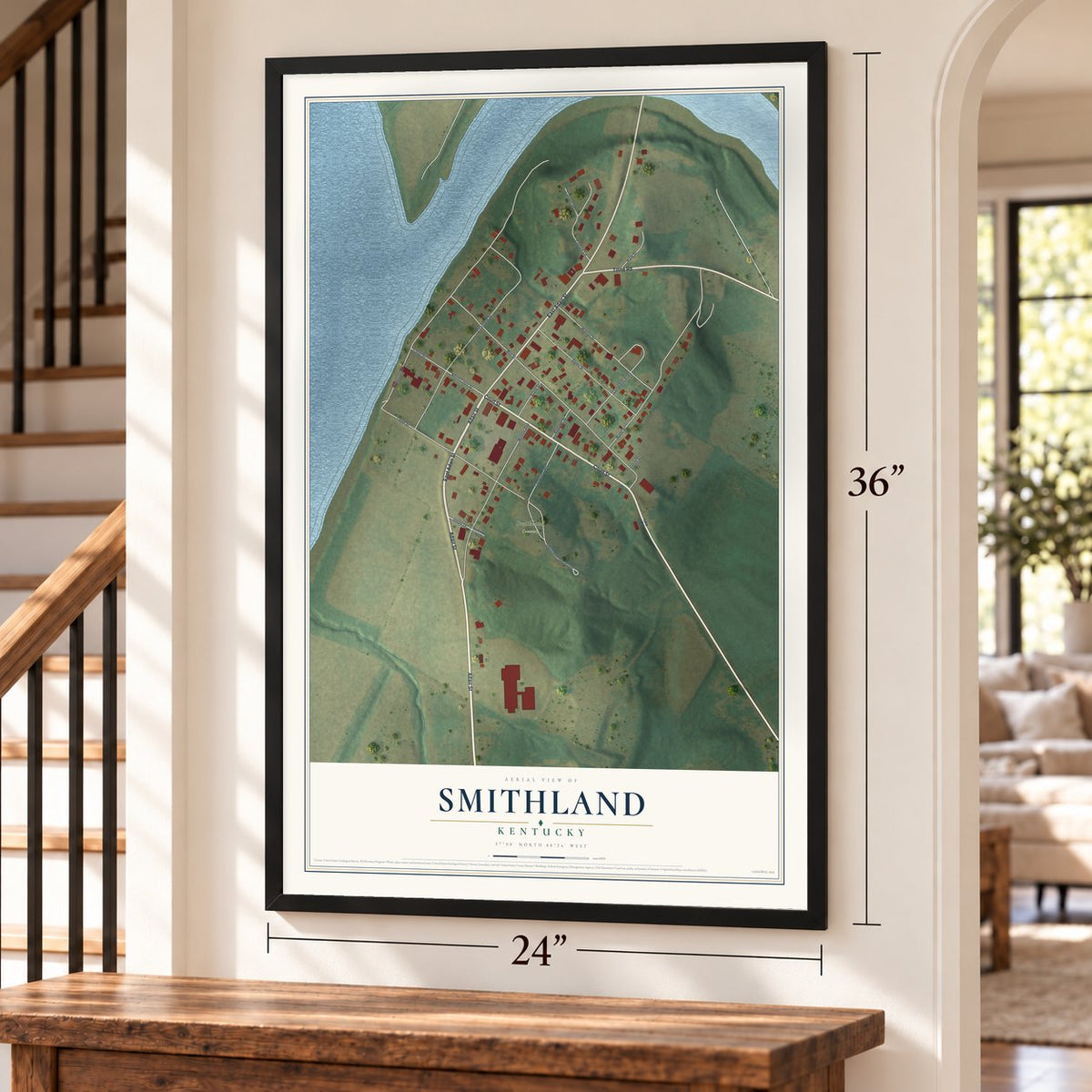 Smithland, Kentucky map, 24 x 36 inch print in a black frame by a staircase