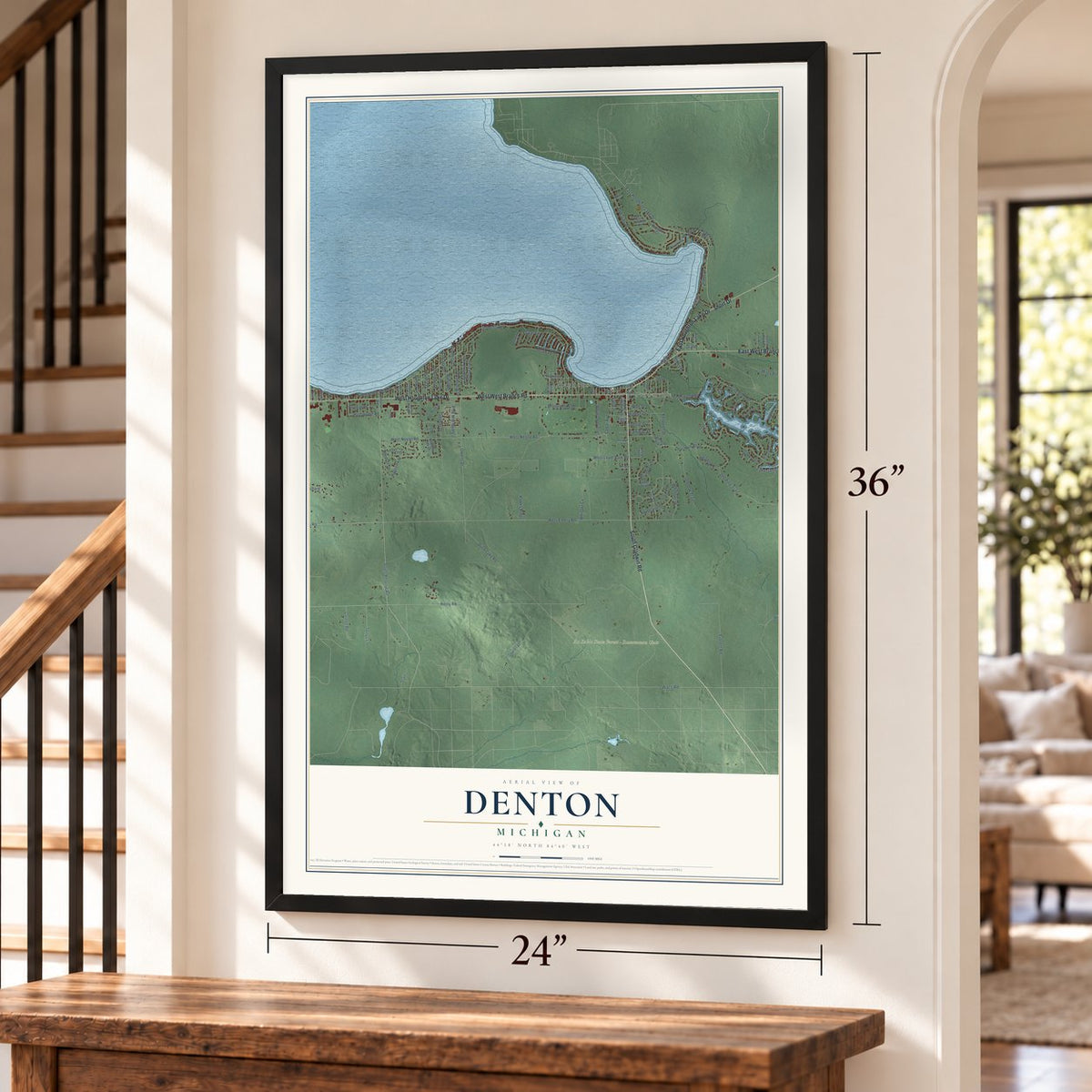 Denton, Michigan map, 24 x 36 inch print in a black frame by a staircase