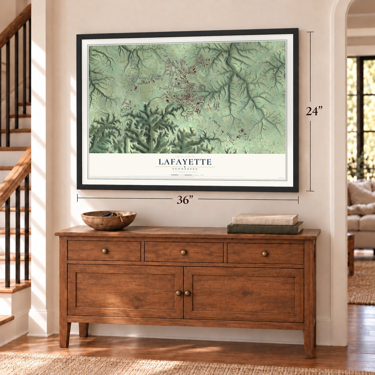 Lafayette, Tennessee map, 24 x 36 inch print in a black frame above a dresser by a staircase