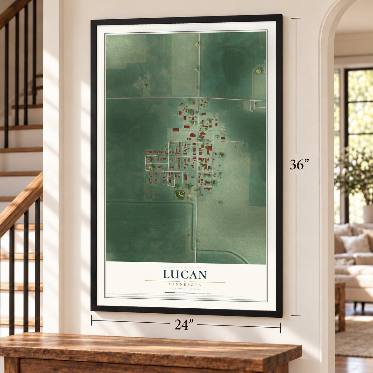 Lucan, Minnesota map, 24 x 36 inch print in a black frame by a staircase
