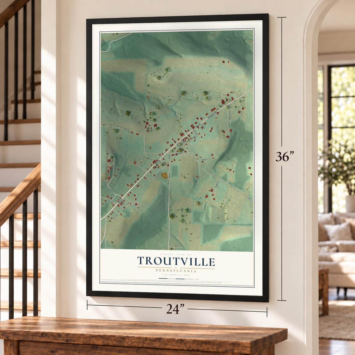 Troutville, Pennsylvania map, 24 x 36 inch print in a black frame by a staircase