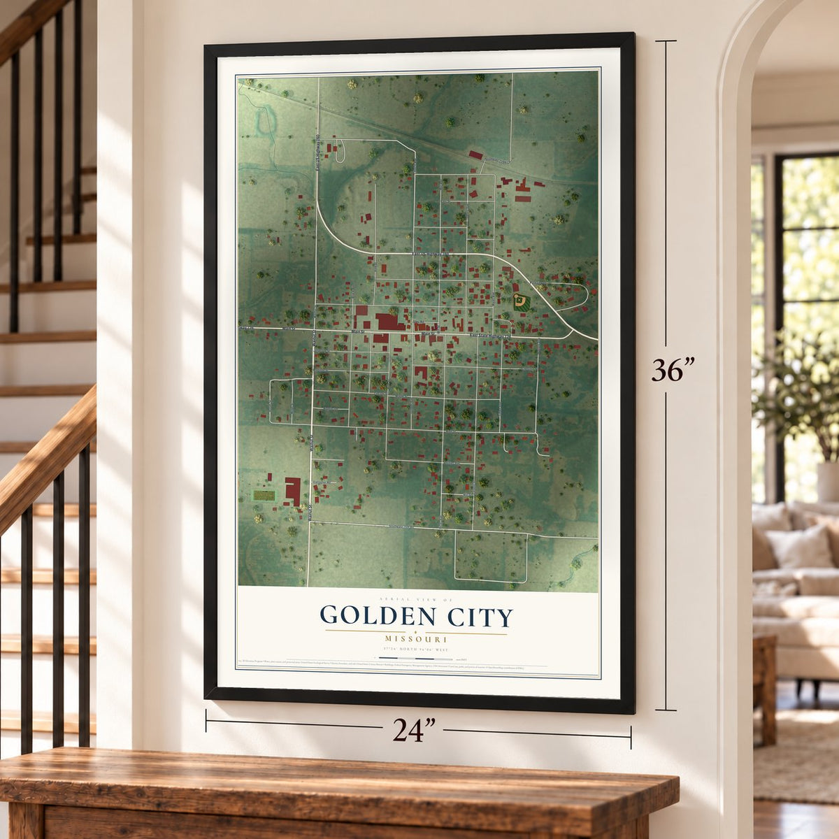 Golden City, Missouri map, 24 x 36 inch print in a black frame by a staircase