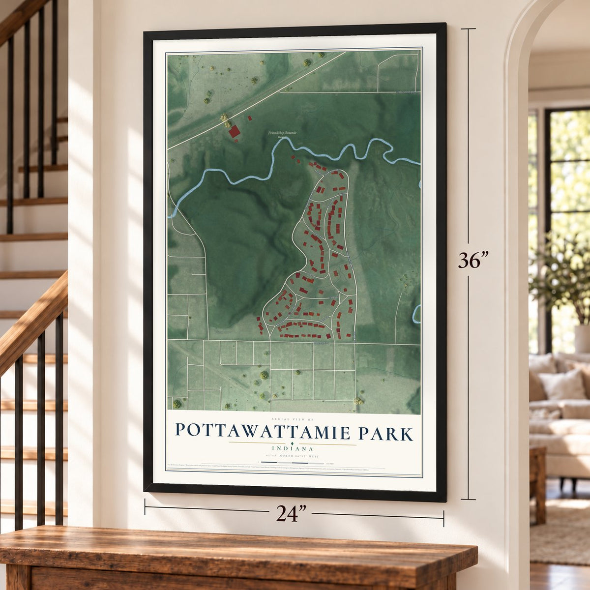 Pottawattamie Park, Indiana map, 24 x 36 inch print in a black frame by a staircase