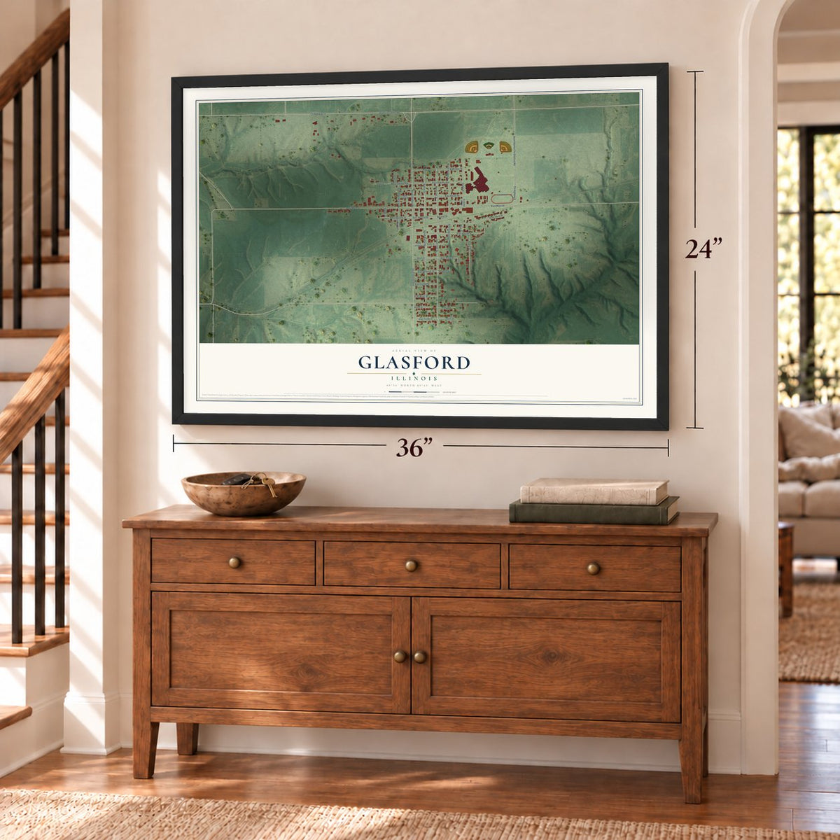 Glasford, Illinois map, 24 x 36 inch print in a black frame above a dresser by a staircase