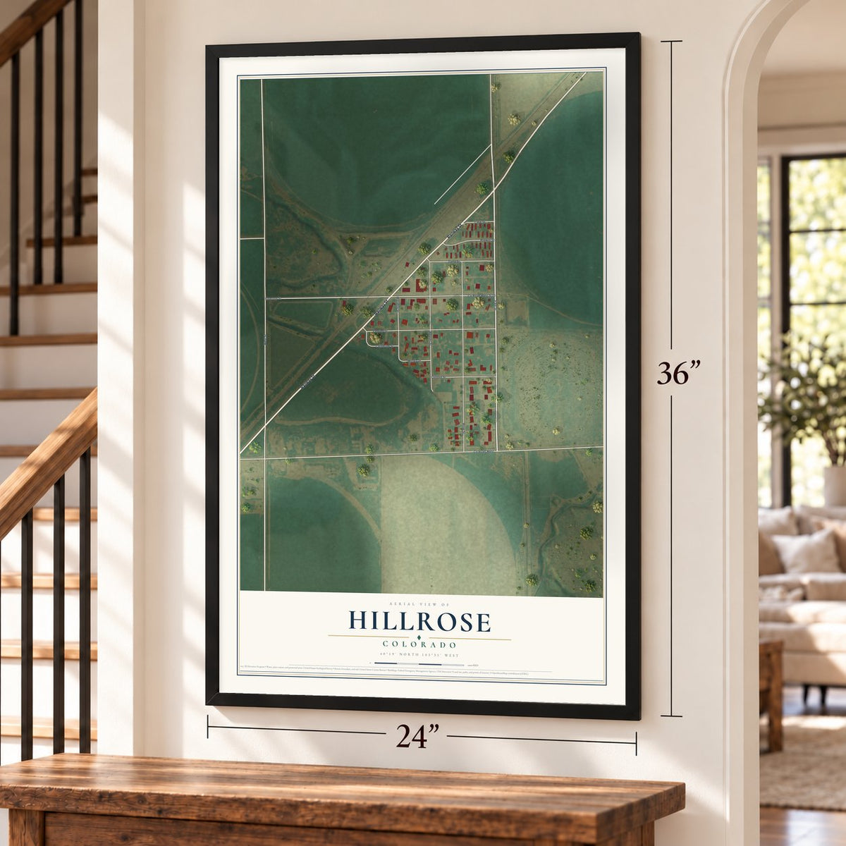 Hillrose, Colorado map, 24 x 36 inch print in a black frame by a staircase