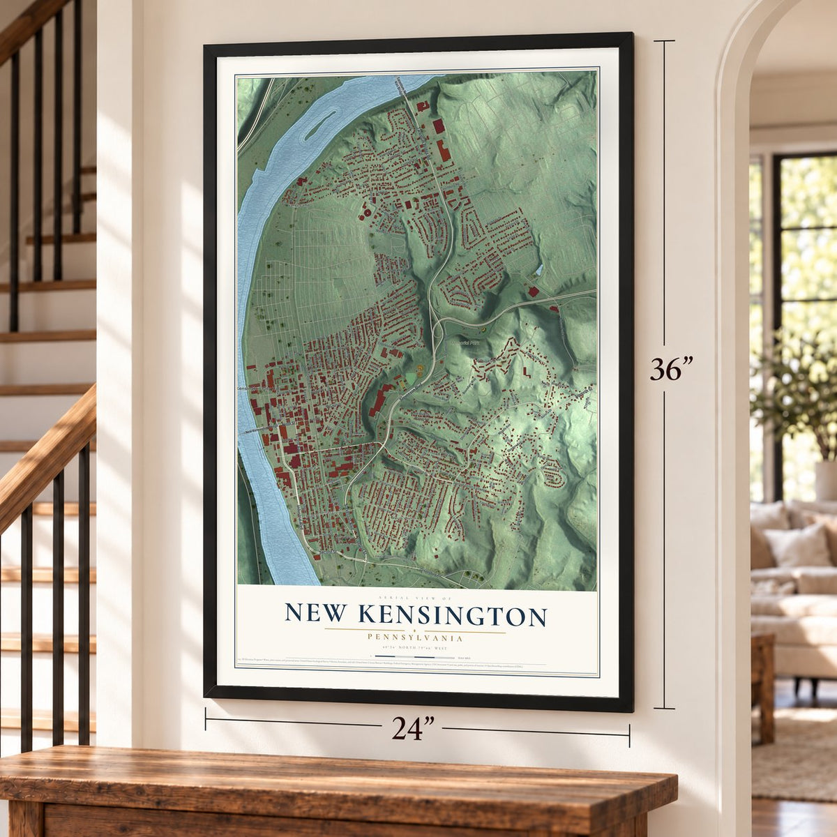 New Kensington, Pennsylvania map, 24 x 36 inch print in a black frame by a staircase