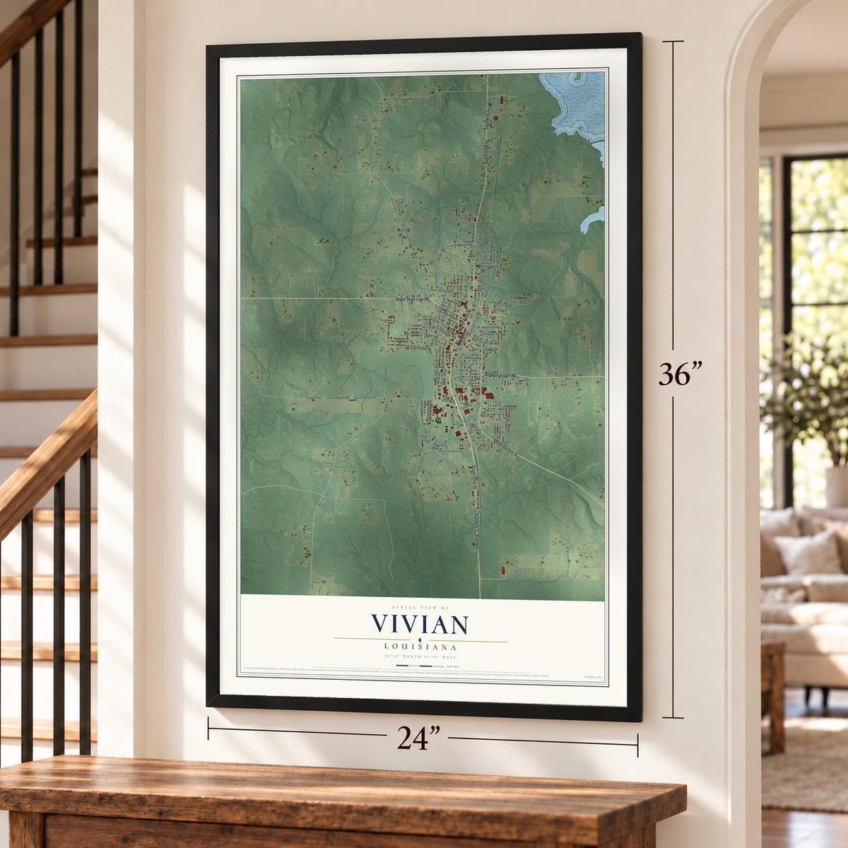 Vivian, Louisiana map, 24 x 36 inch print in a black frame by a staircase