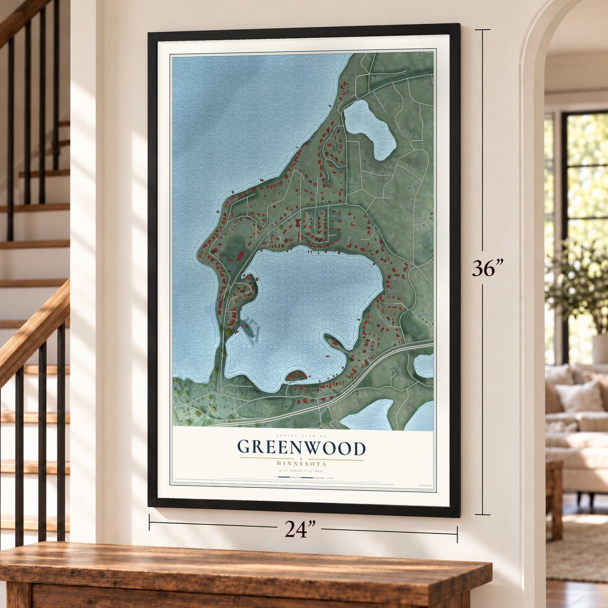 Greenwood, Minnesota map, 24 x 36 inch print in a black frame by a staircase