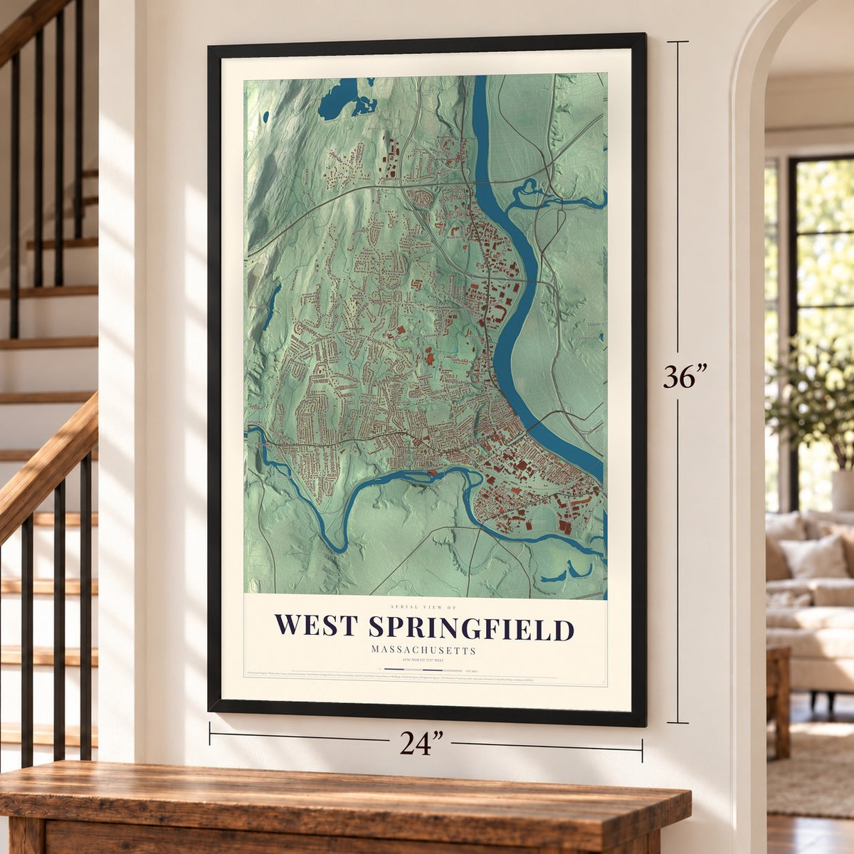 West Springfield, Massachusetts map, 24 x 36 inch print in a black frame by a staircase