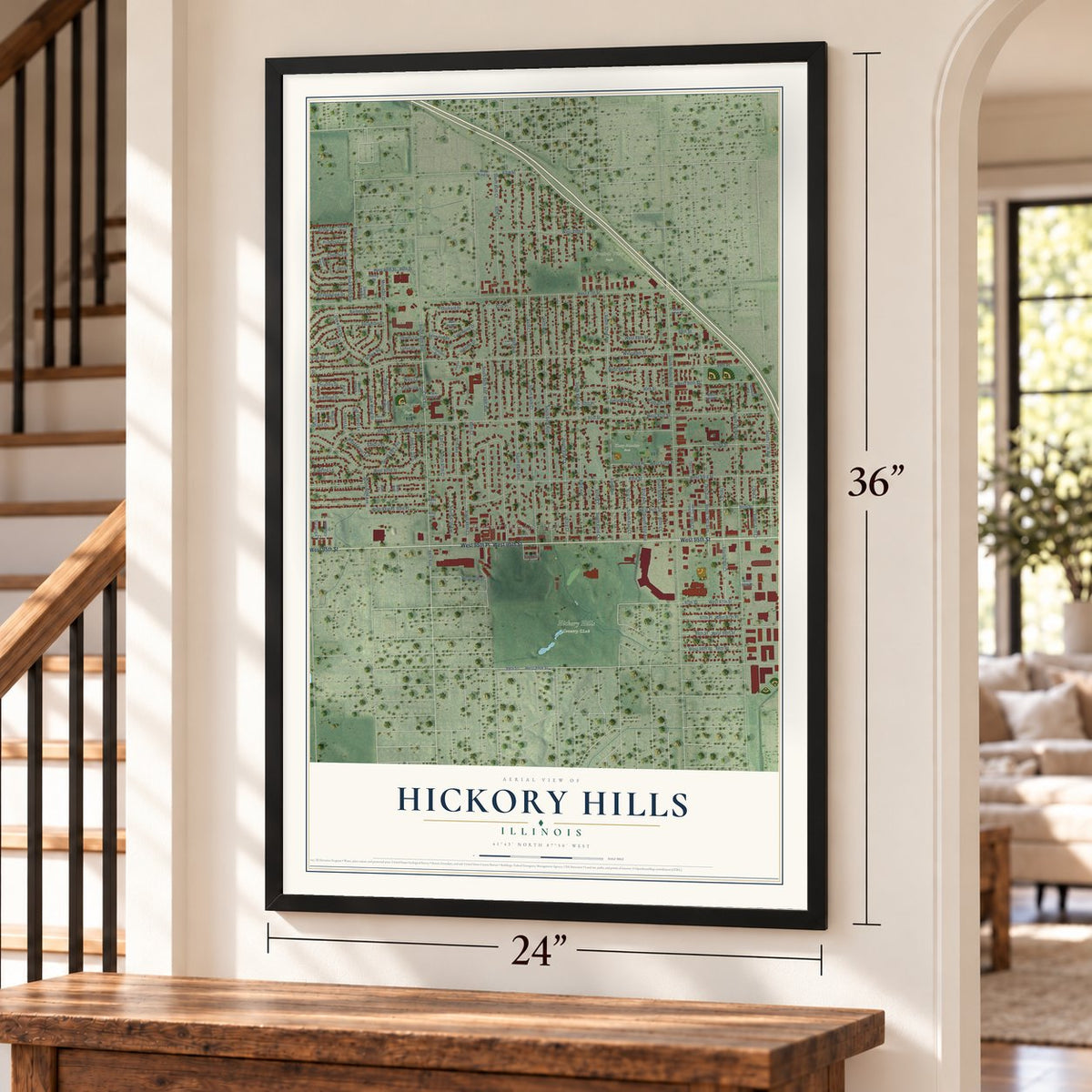 Hickory Hills, Illinois map, 24 x 36 inch print in a black frame by a staircase