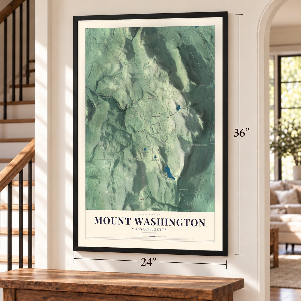 Mount Washington, Massachusetts map, 24 x 36 inch print in a black frame by a staircase