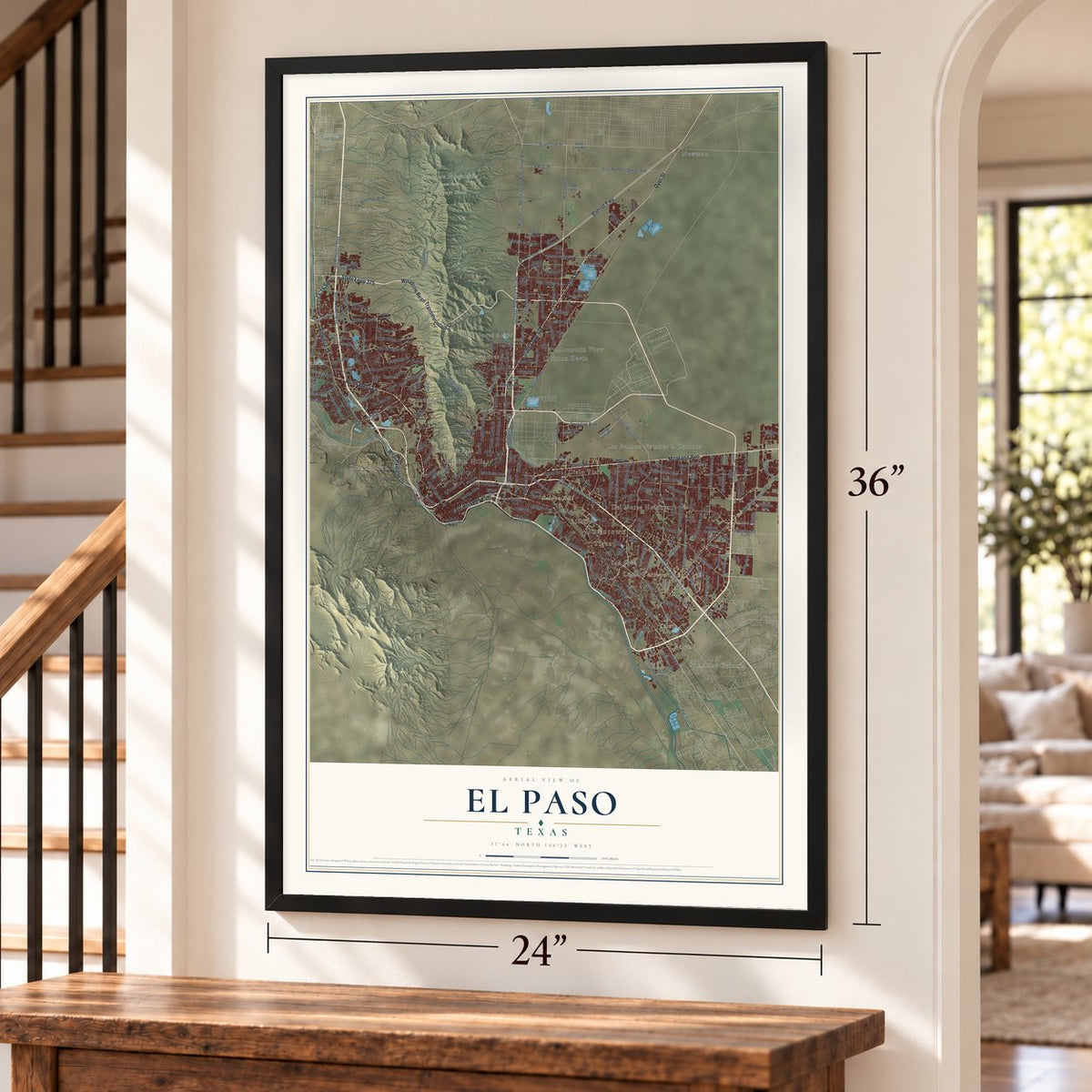 El Paso, Texas map, 24 x 36 inch print in a black frame by a staircase