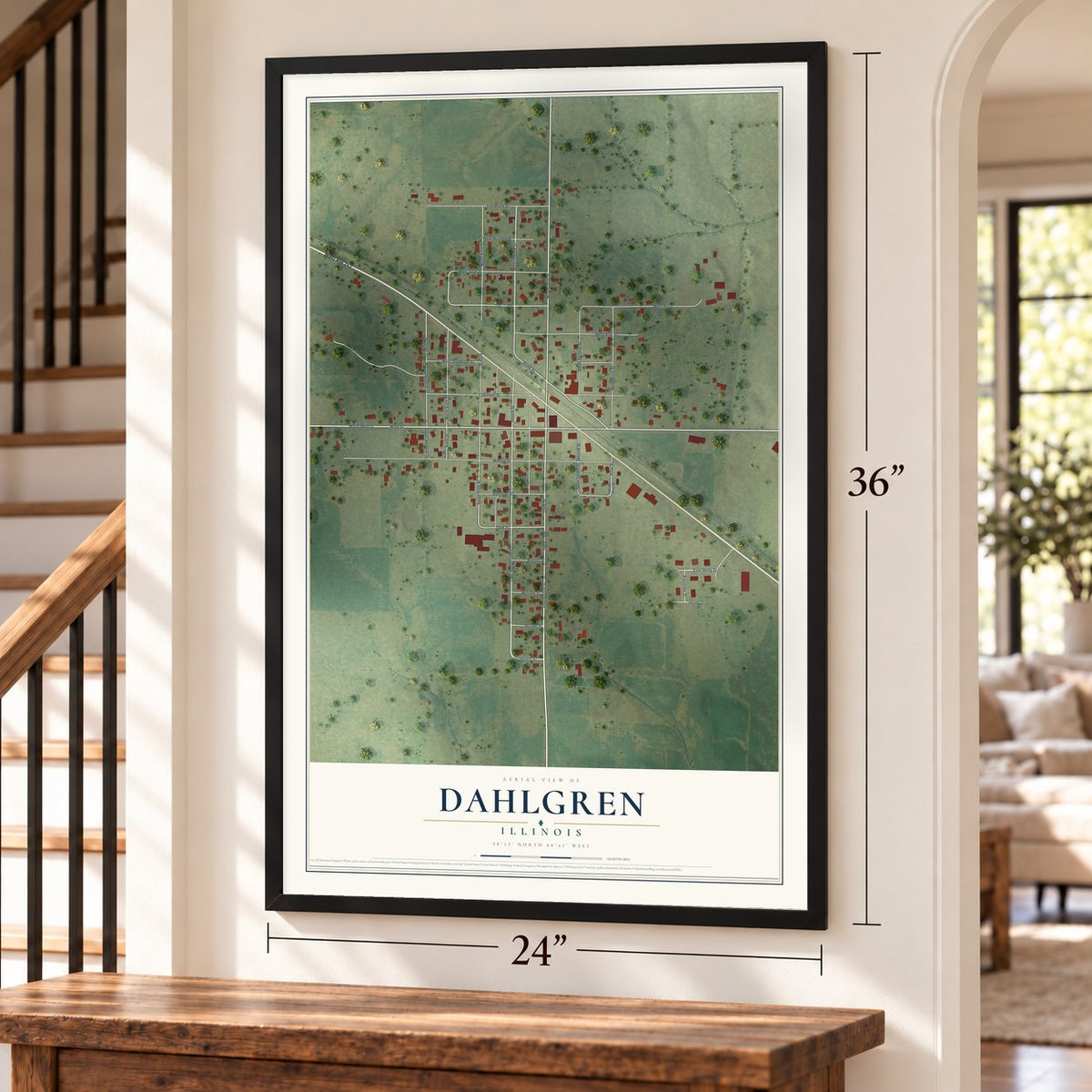 Dahlgren, Illinois map, 24 x 36 inch print in a black frame by a staircase