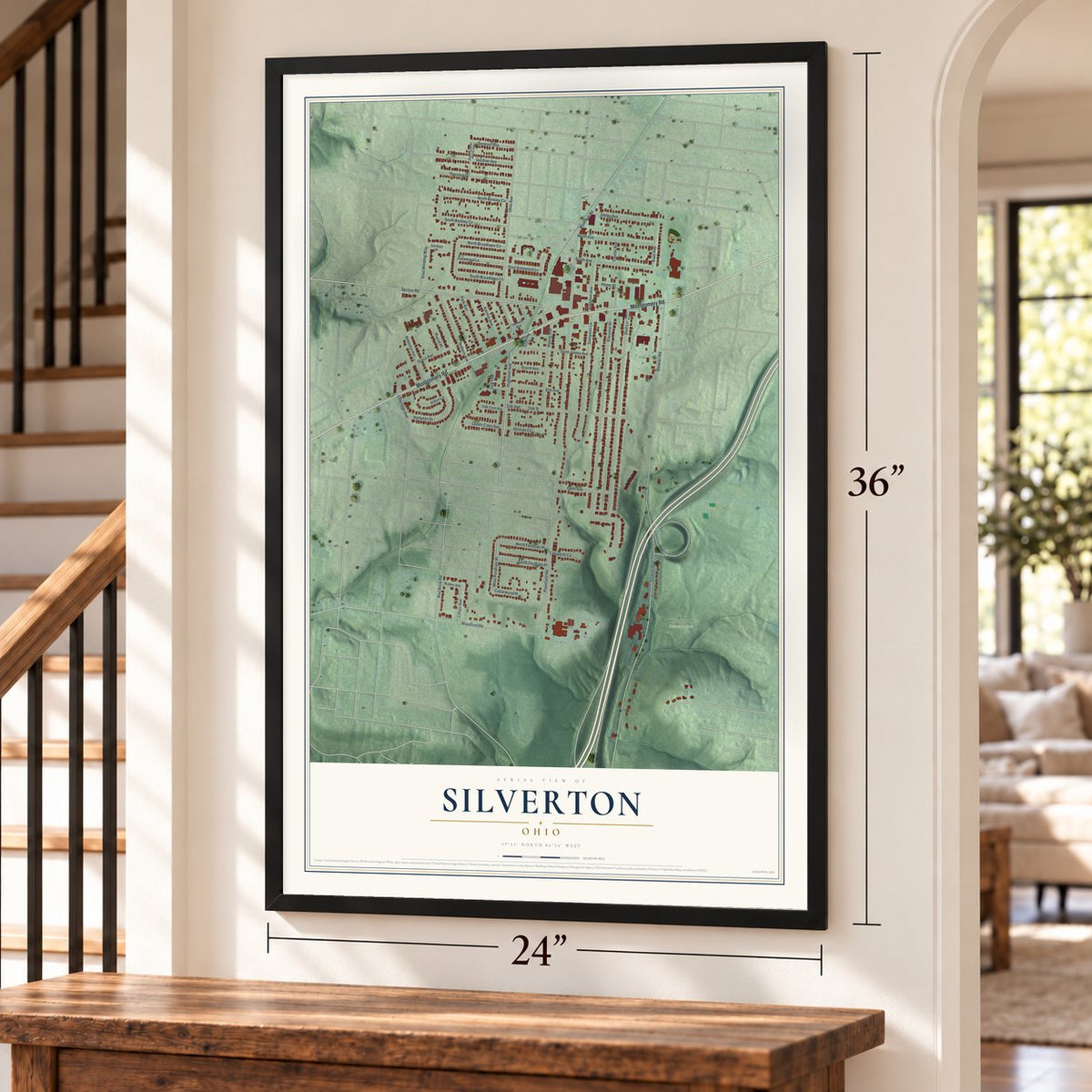 Silverton, Ohio map, 24 x 36 inch print in a black frame by a staircase