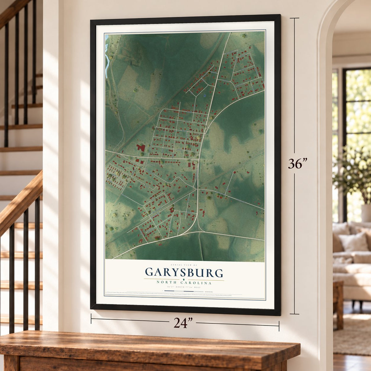 Garysburg, North Carolina map, 24 x 36 inch print in a black frame by a staircase