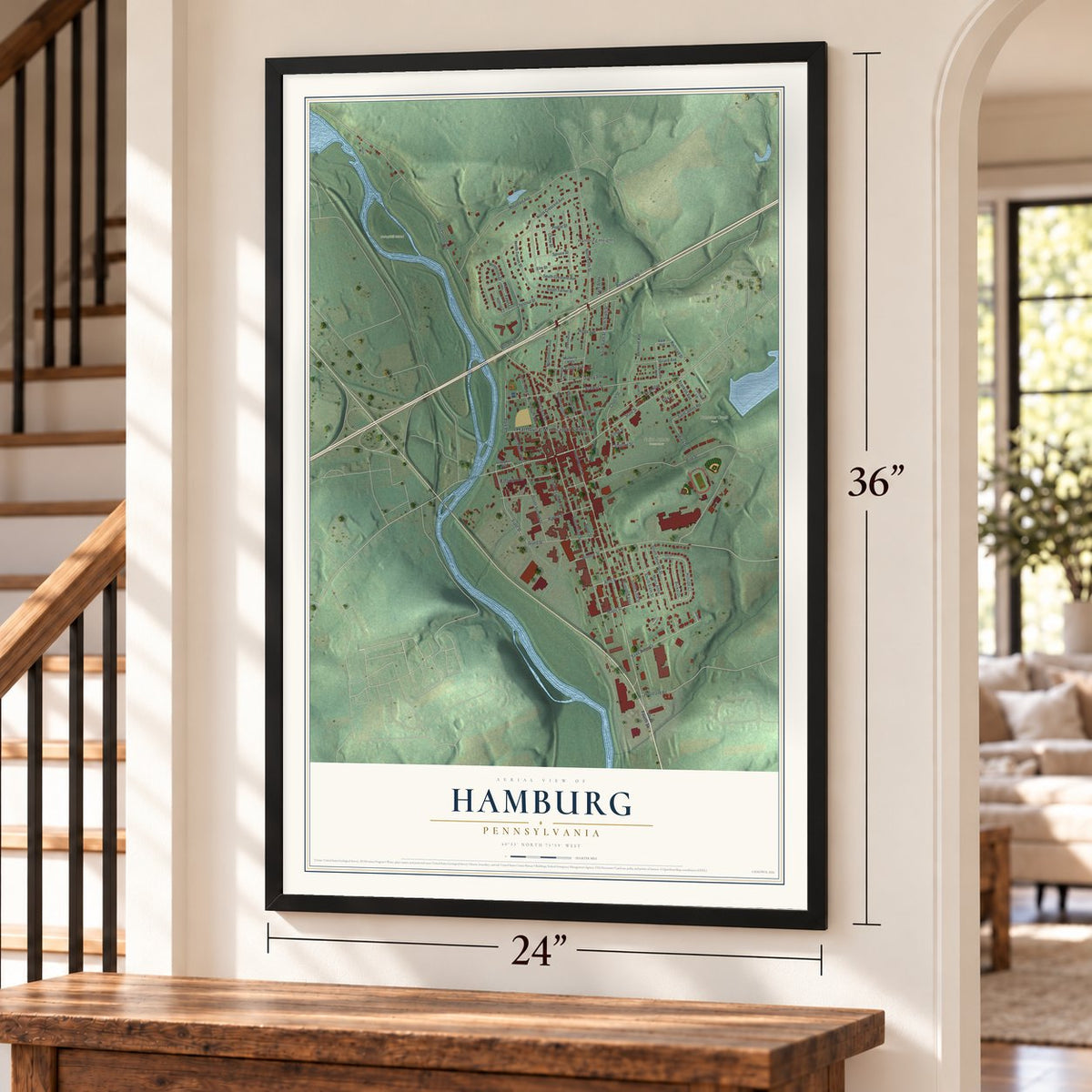 Hamburg, Pennsylvania map, 24 x 36 inch print in a black frame by a staircase