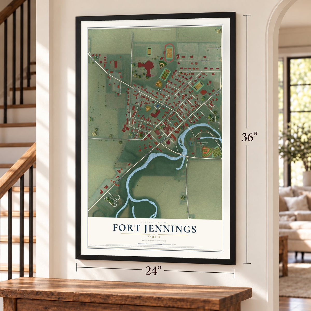 Fort Jennings, Ohio map, 24 x 36 inch print in a black frame by a staircase