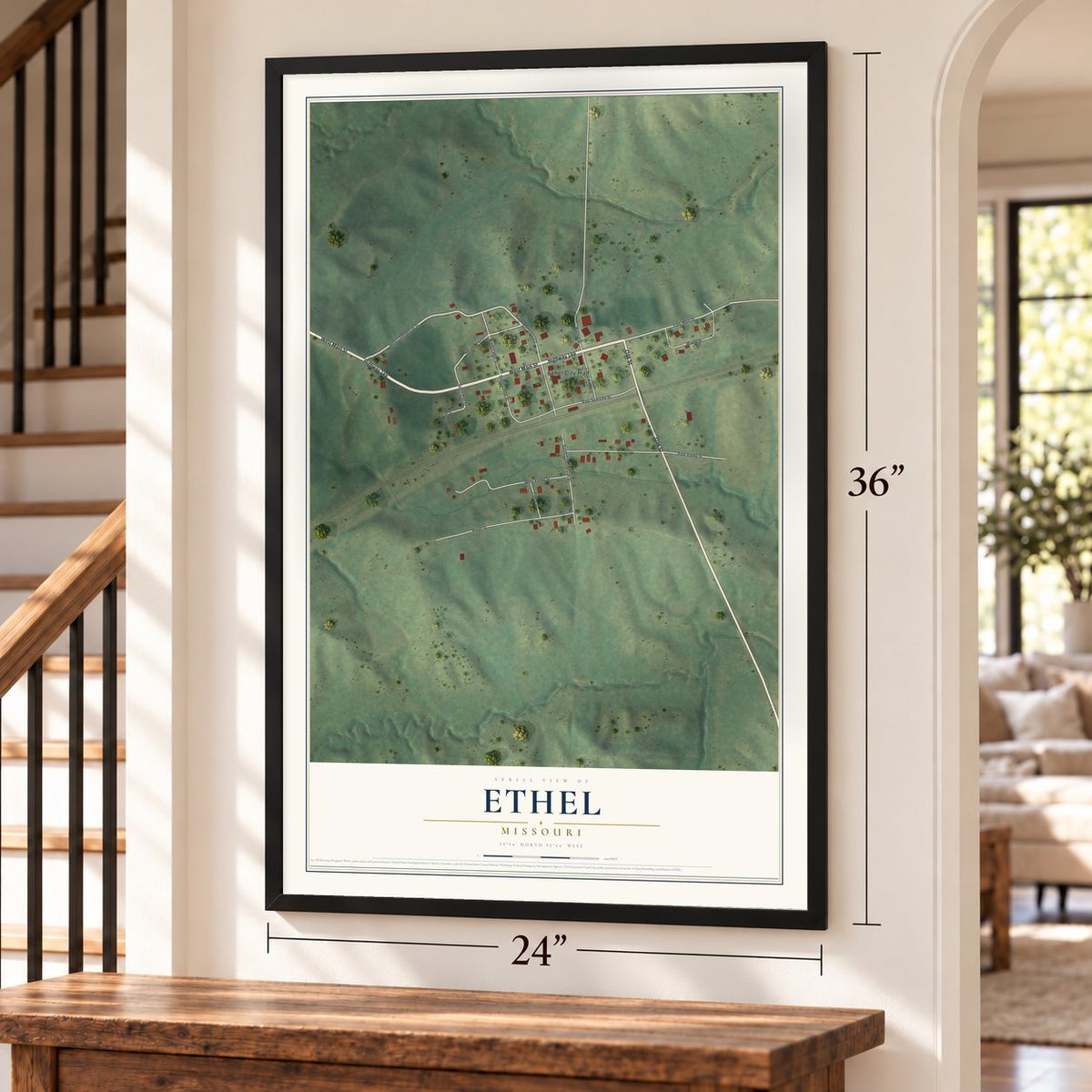 Ethel, Missouri map, 24 x 36 inch print in a black frame by a staircase