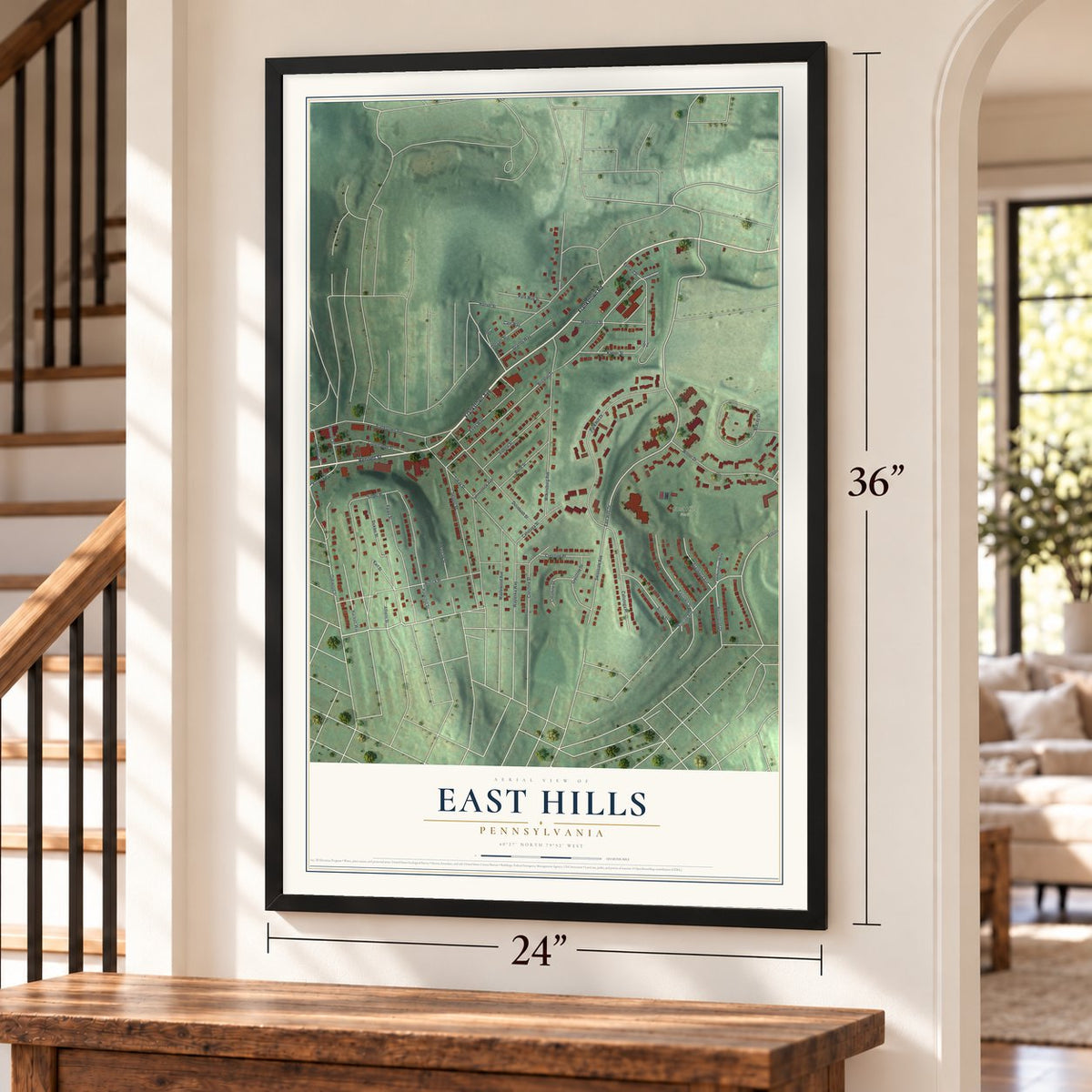 East Hills, Pennsylvania map, 24 x 36 inch print in a black frame by a staircase