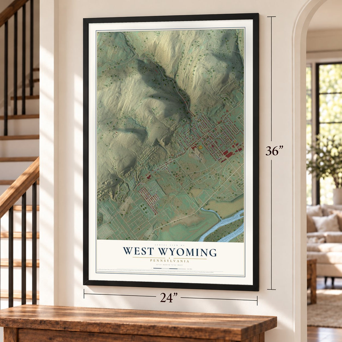 West Wyoming, Pennsylvania map, 24 x 36 inch print in a black frame by a staircase