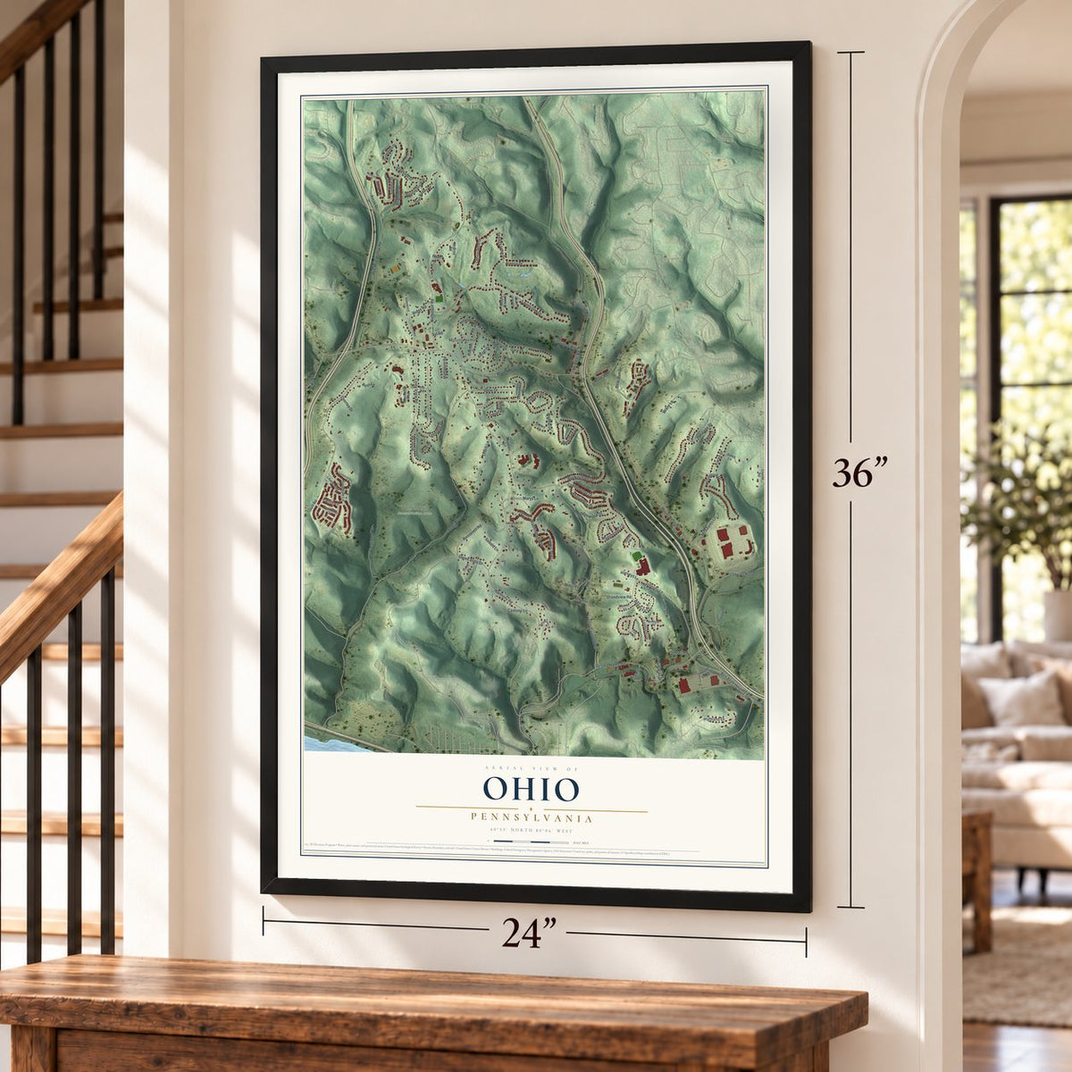 Ohio, Pennsylvania map, 24 x 36 inch print in a black frame by a staircase