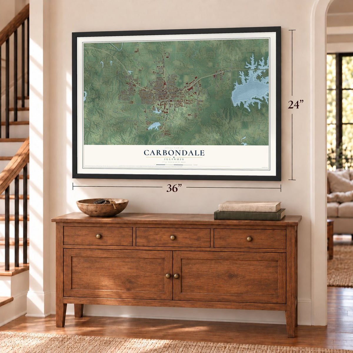 Carbondale, Illinois map, 24 x 36 inch print in a black frame above a dresser by a staircase