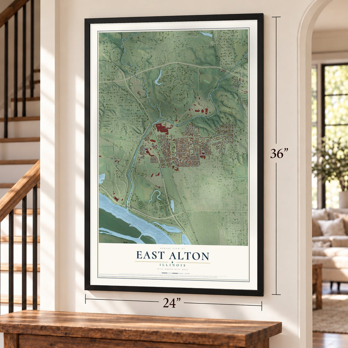 East Alton, Illinois map, 24 x 36 inch print in a black frame by a staircase