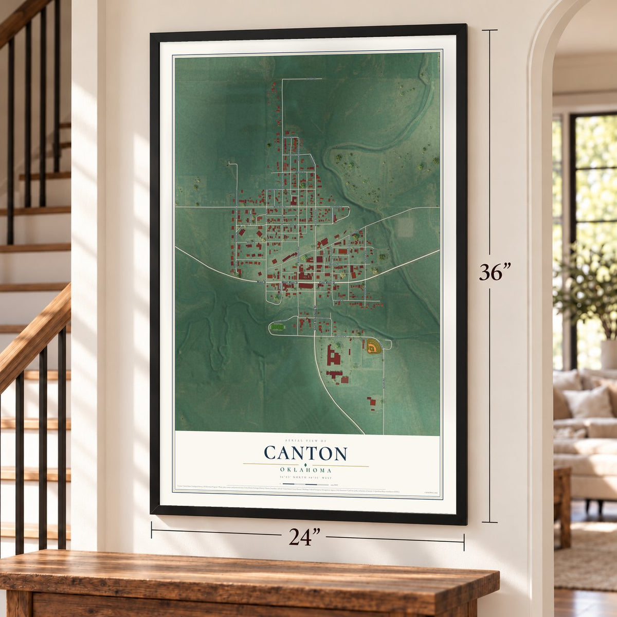 Canton, Oklahoma map, 24 x 36 inch print in a black frame by a staircase