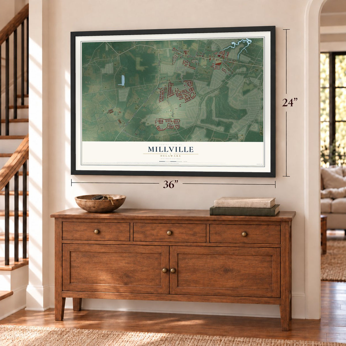 Millville, Delaware map, 24 x 36 inch print in a black frame above a dresser by a staircase