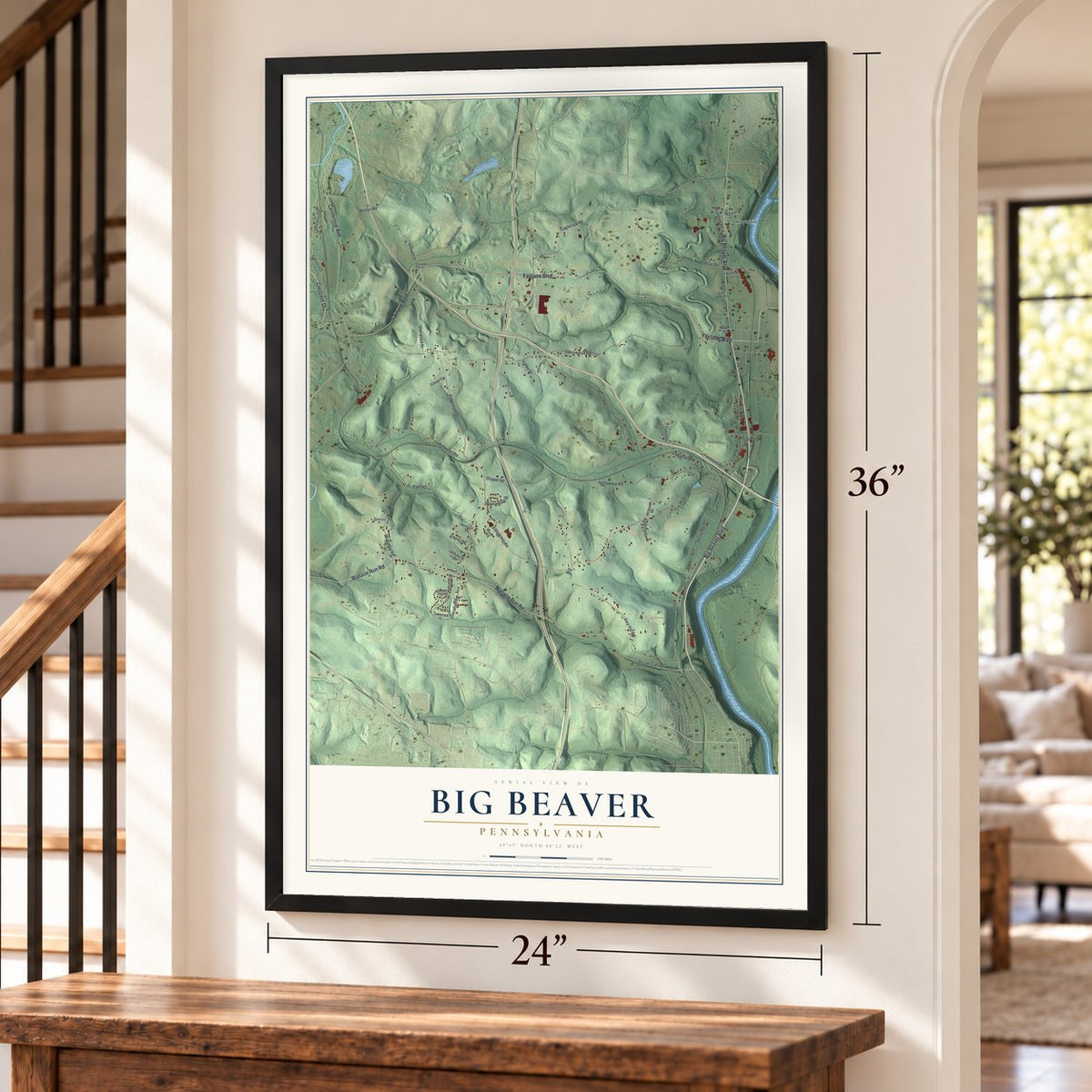 Big Beaver, Pennsylvania map, 24 x 36 inch print in a black frame by a staircase