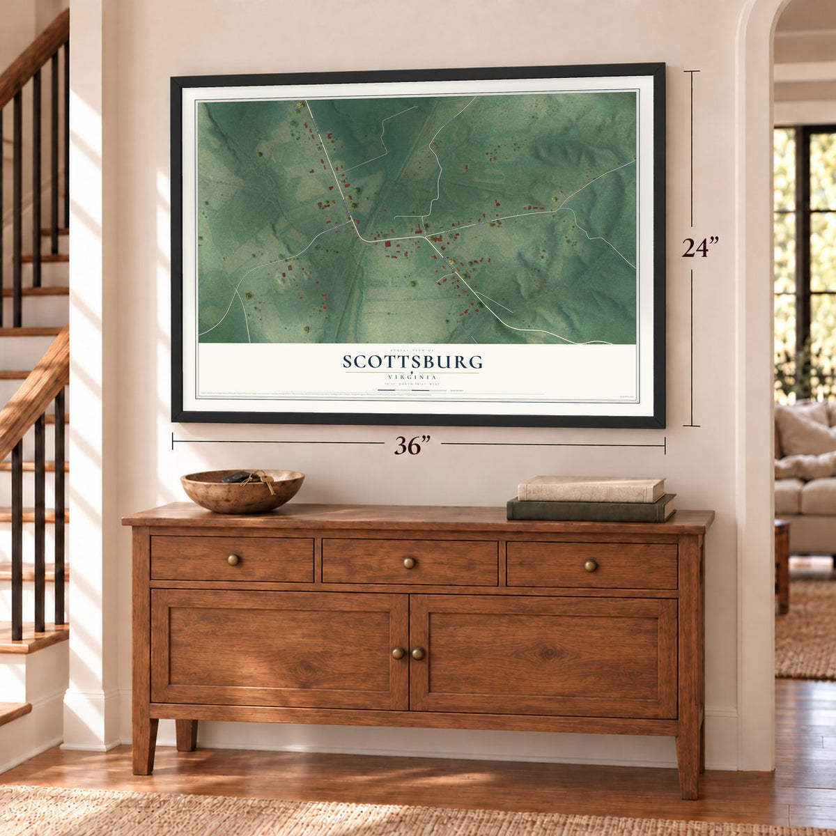 Scottsburg, Virginia map, 24 x 36 inch print in a black frame above a dresser by a staircase