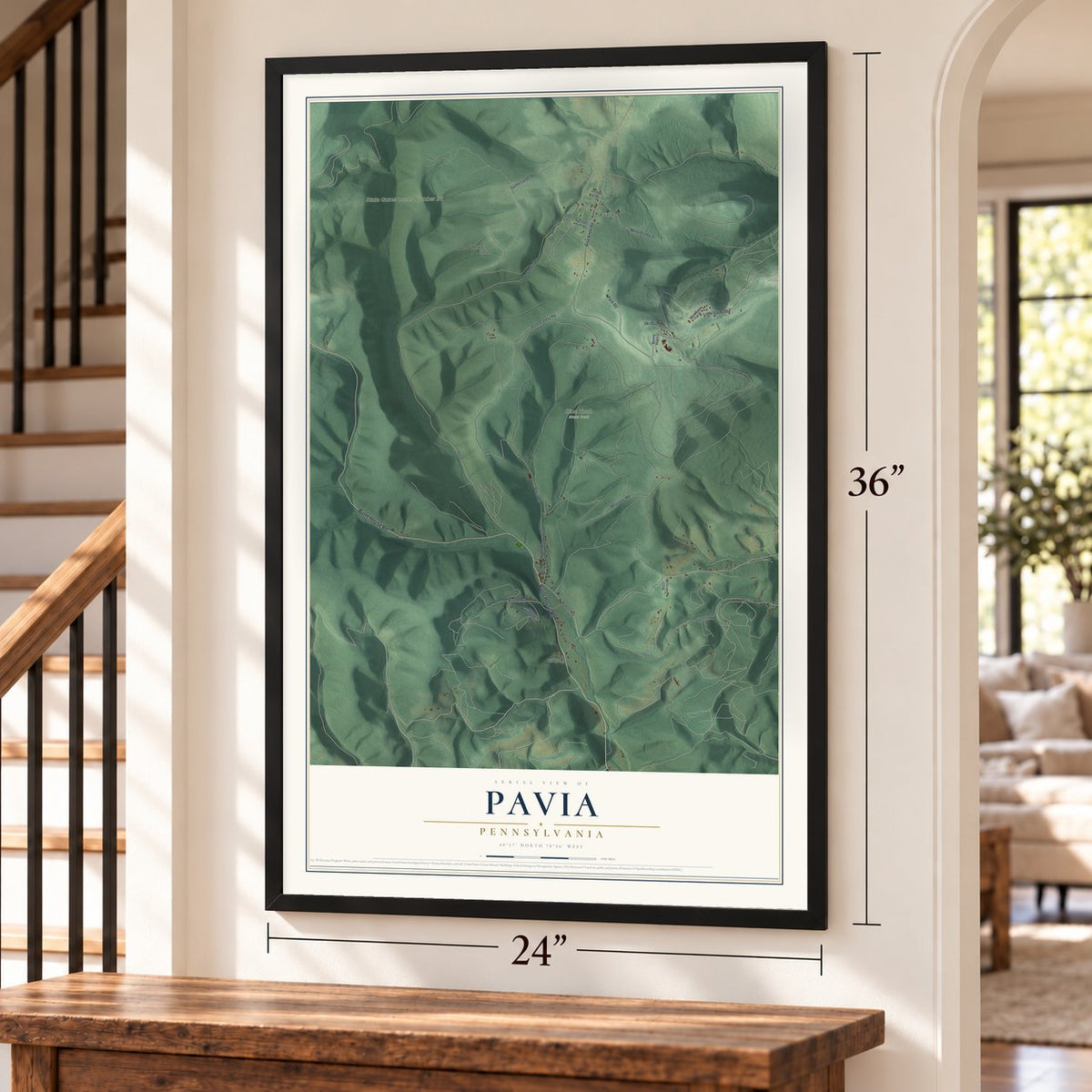 Pavia, Pennsylvania map, 24 x 36 inch print in a black frame by a staircase