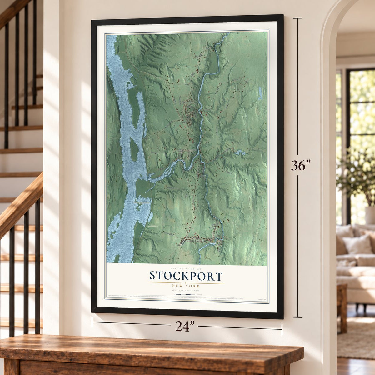 Stockport, New York map, 24 x 36 inch print in a black frame by a staircase