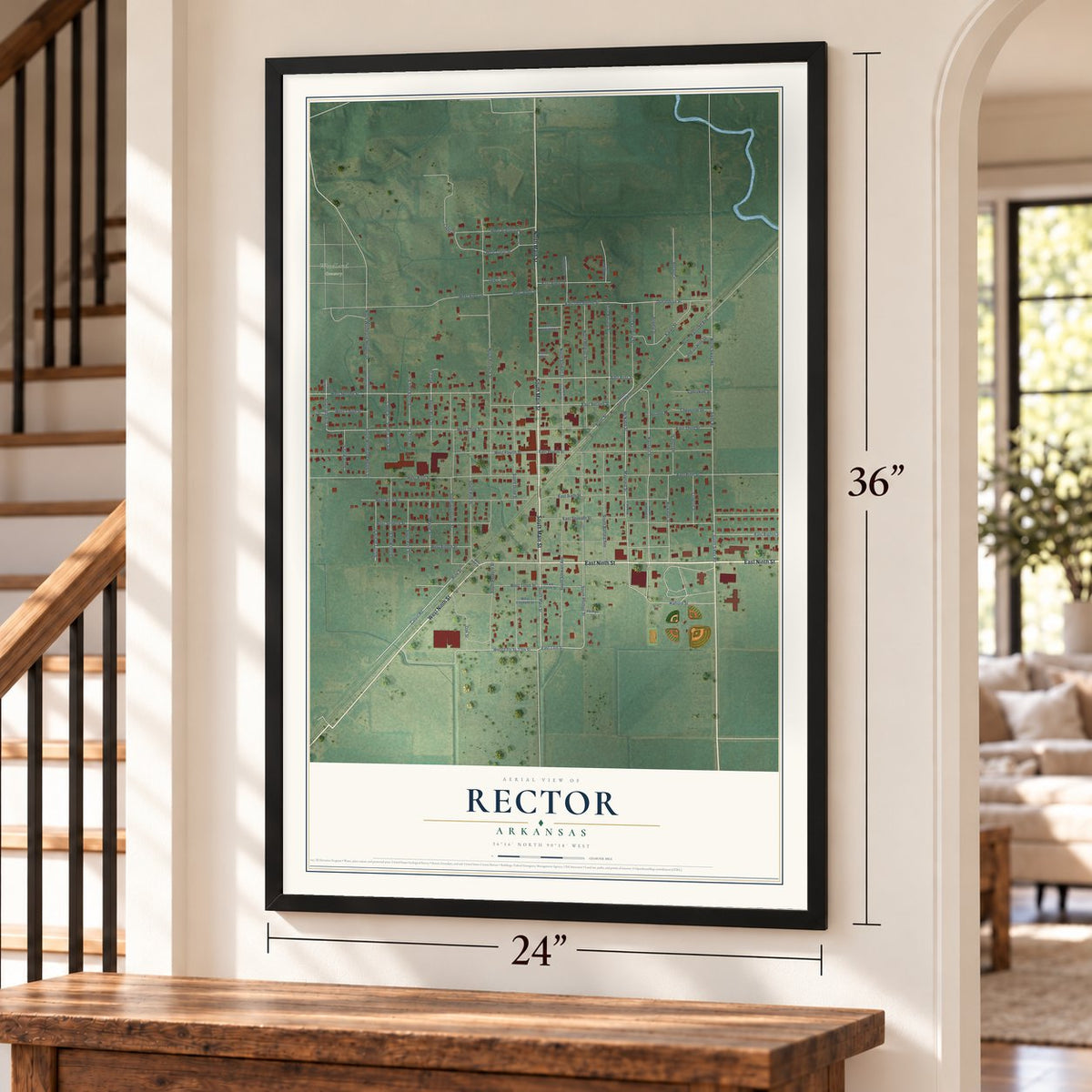 Rector, Arkansas map, 24 x 36 inch print in a black frame by a staircase