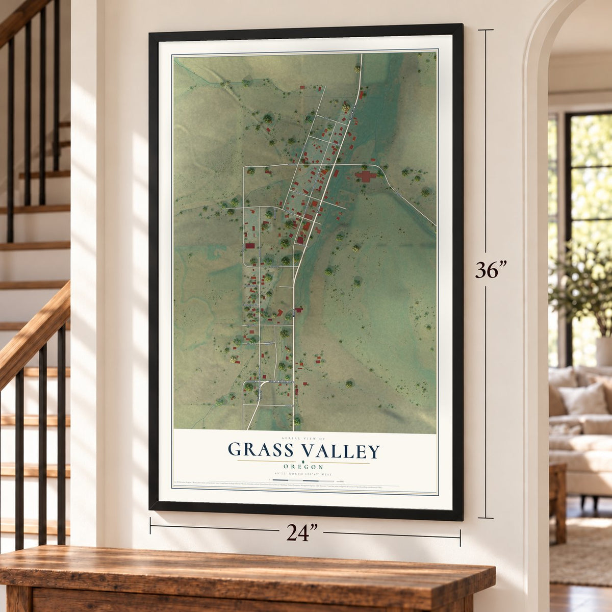 Grass Valley, Oregon map, 24 x 36 inch print in a black frame by a staircase