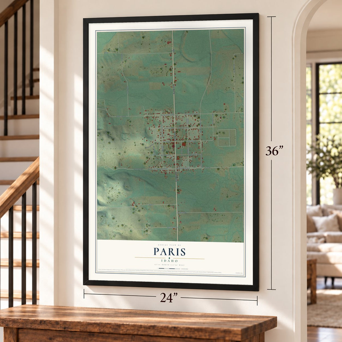 Paris, Idaho map, 24 x 36 inch print in a black frame by a staircase