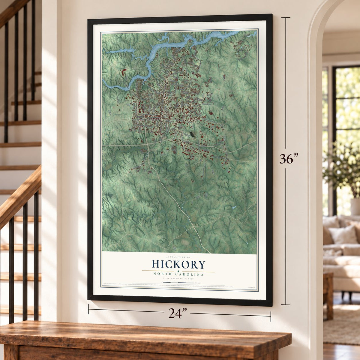Hickory, North Carolina map, 24 x 36 inch print in a black frame by a staircase