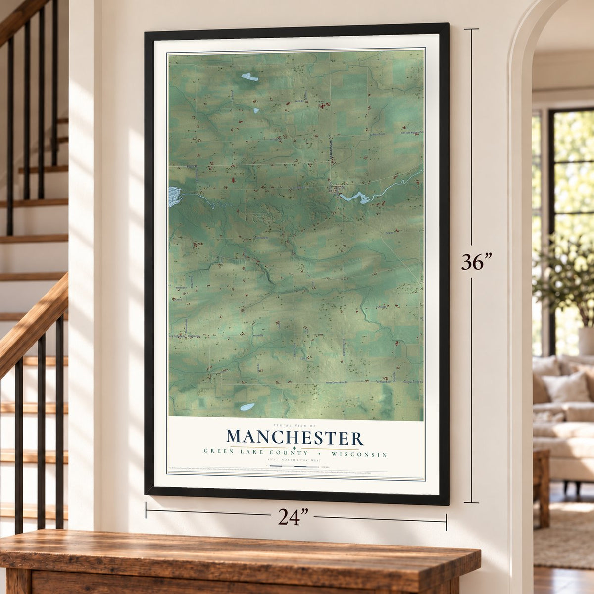 Manchester, Green Lake County, Wisconsin map, 24 x 36 inch print in a black frame by a staircase