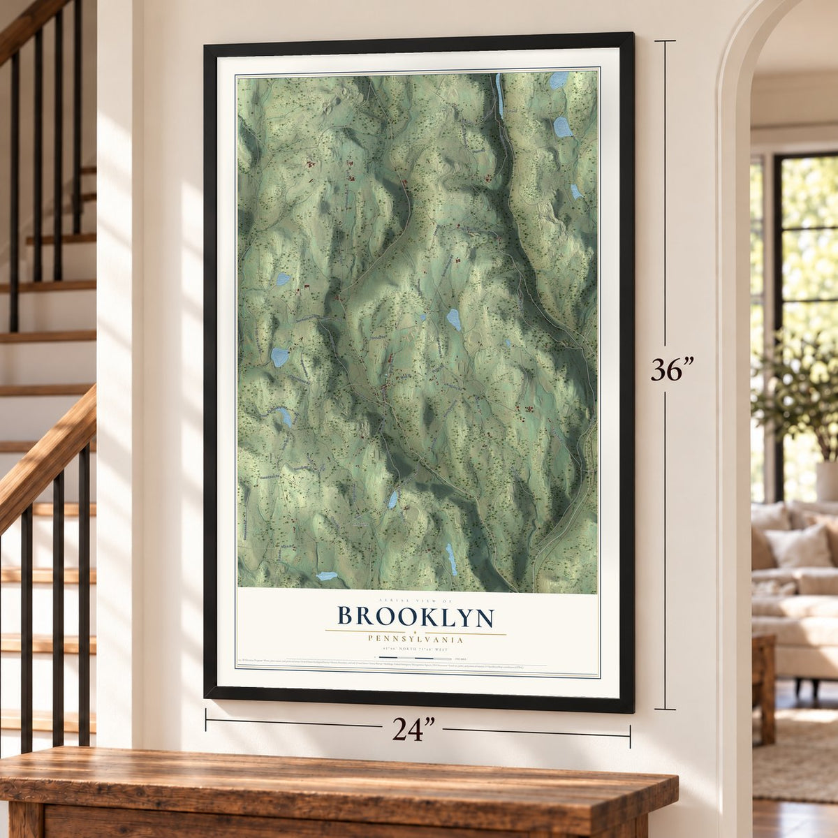 Brooklyn, Pennsylvania map, 24 x 36 inch print in a black frame by a staircase