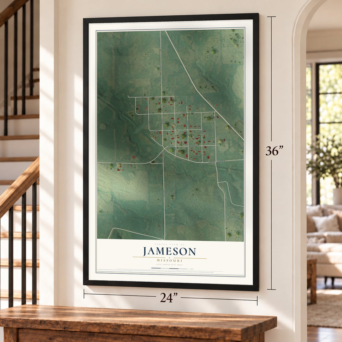 Jameson, Missouri map, 24 x 36 inch print in a black frame by a staircase