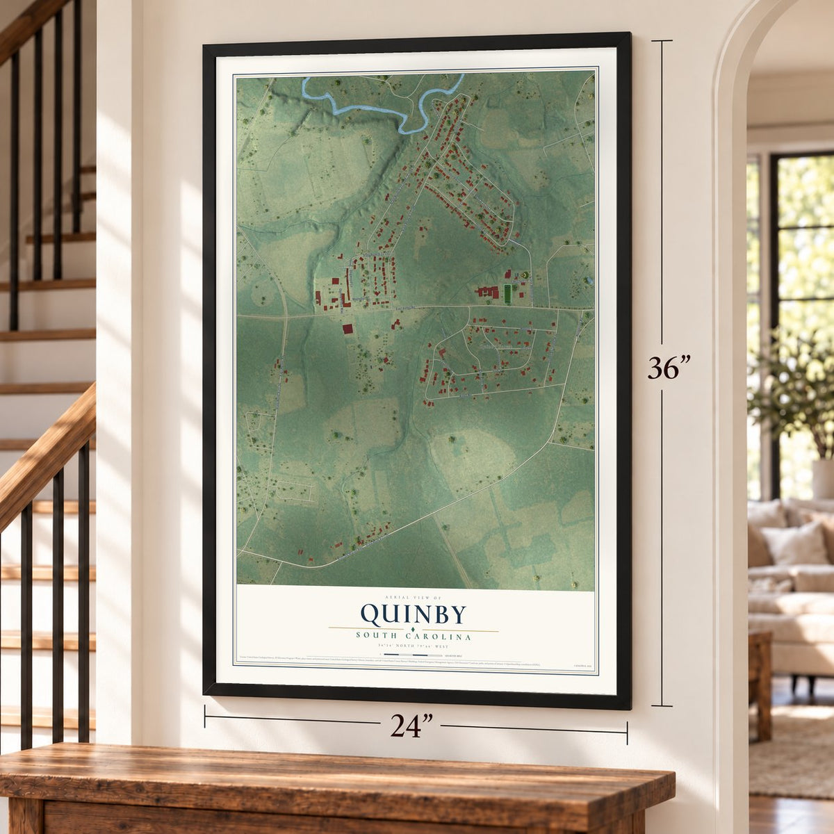Quinby, South Carolina map, 24 x 36 inch print in a black frame by a staircase