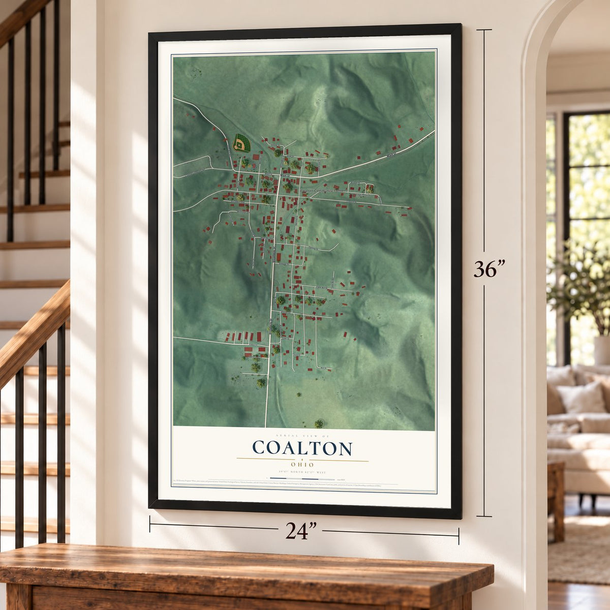 Coalton, Ohio map, 24 x 36 inch print in a black frame by a staircase