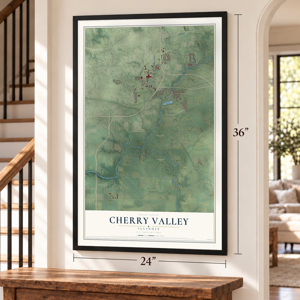 Cherry Valley, Illinois map, 24 x 36 inch print in a black frame by a staircase