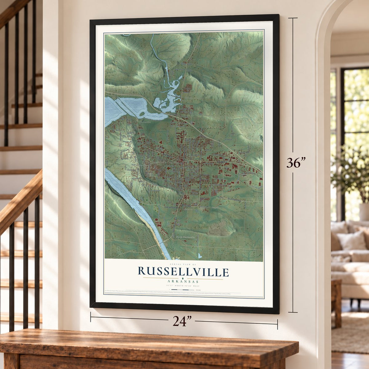 Russellville, Arkansas map, 24 x 36 inch print in a black frame by a staircase