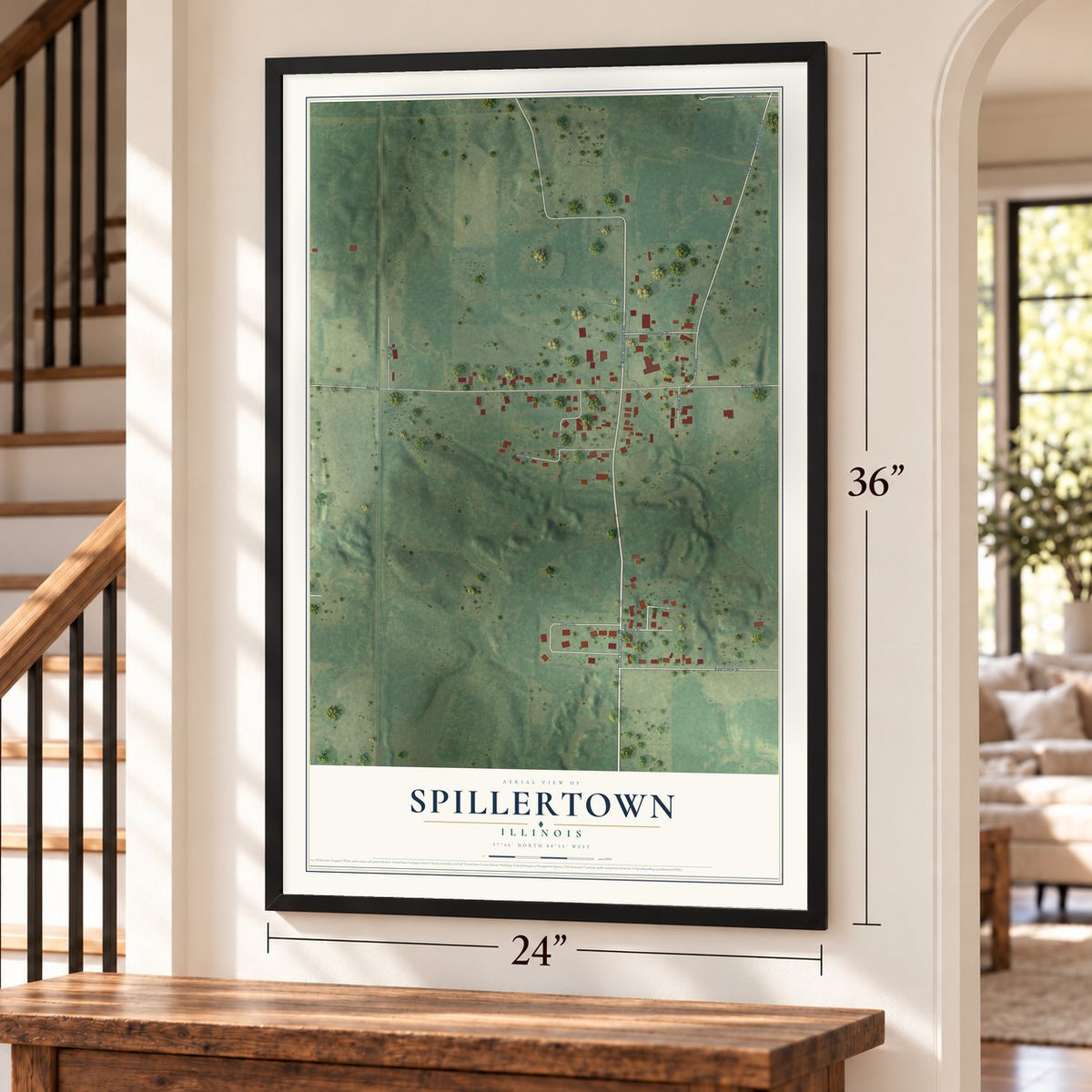 Spillertown, Illinois map, 24 x 36 inch print in a black frame by a staircase