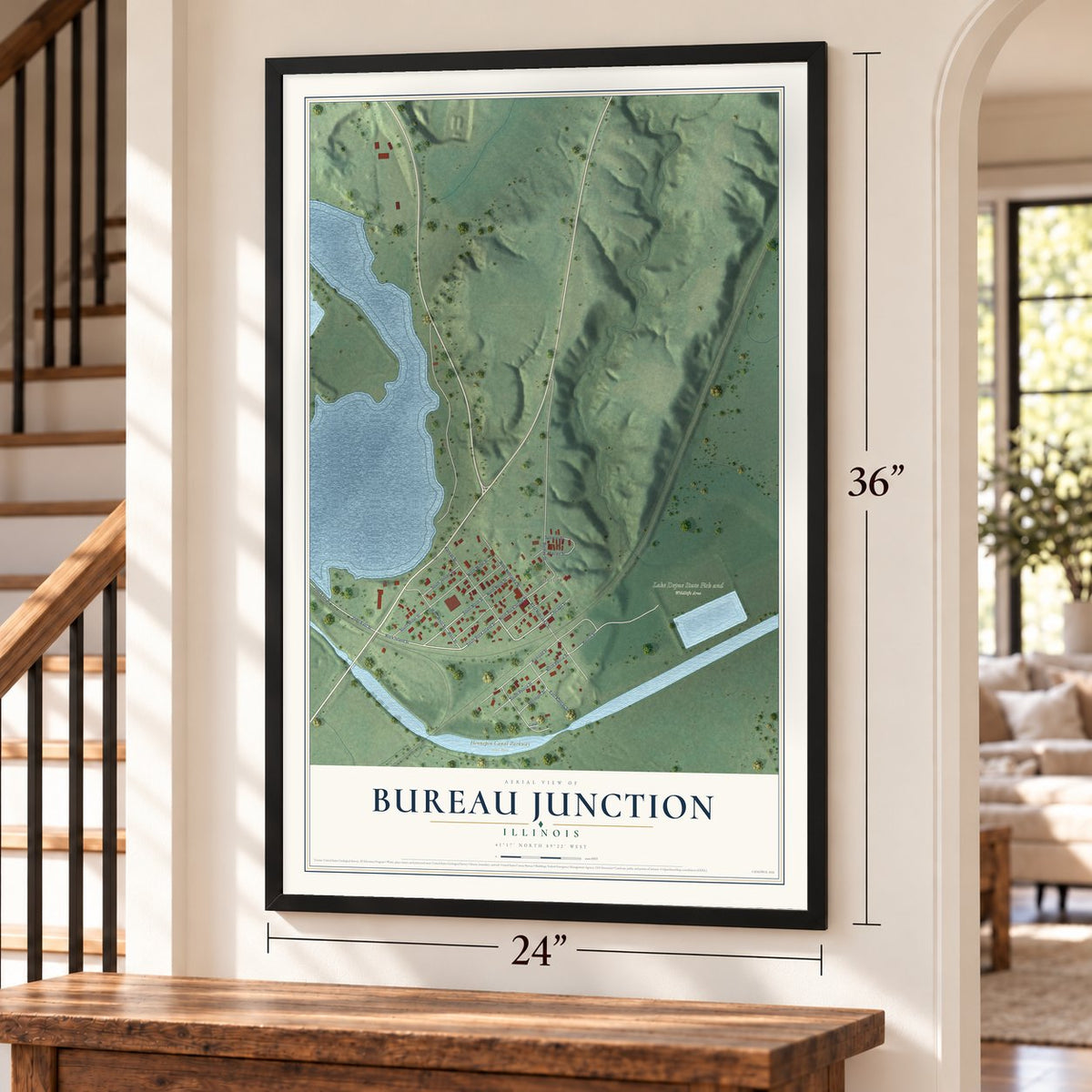 Bureau Junction, Illinois map, 24 x 36 inch print in a black frame by a staircase