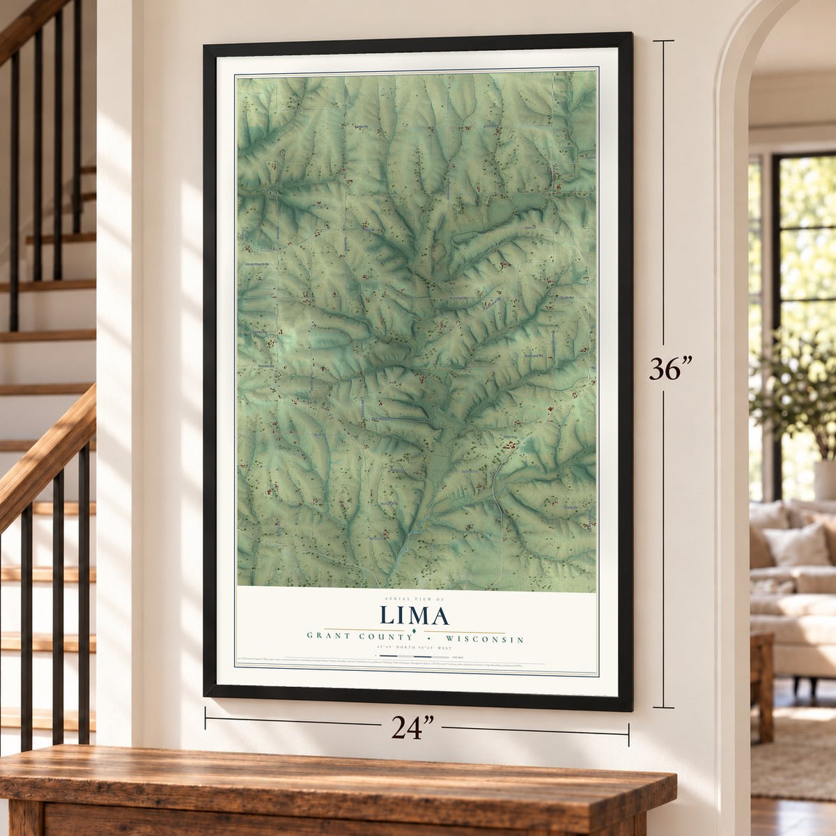 Lima, Grant County, Wisconsin map, 24 x 36 inch print in a black frame by a staircase