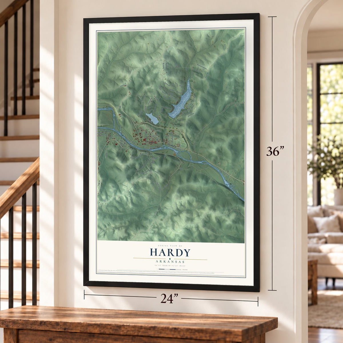 Hardy, Arkansas map, 24 x 36 inch print in a black frame by a staircase