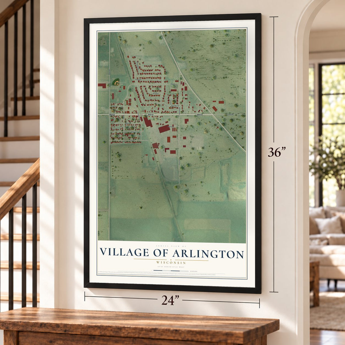 Arlington, Wisconsin map, 24 x 36 inch print in a black frame by a staircase